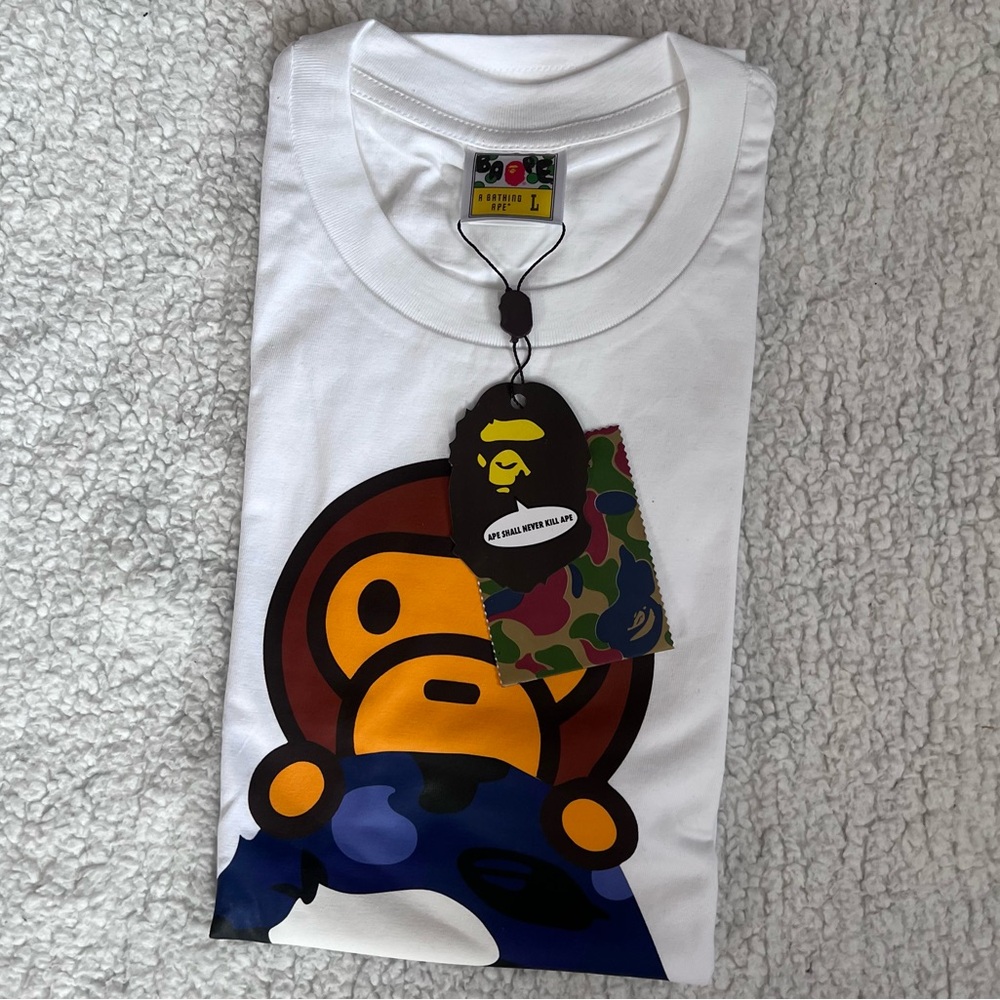Bape White Tee with Colorful Ape Graphic